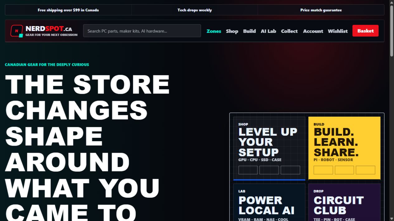 NerdSpot gaming, AI hardware and maker storefront homepage